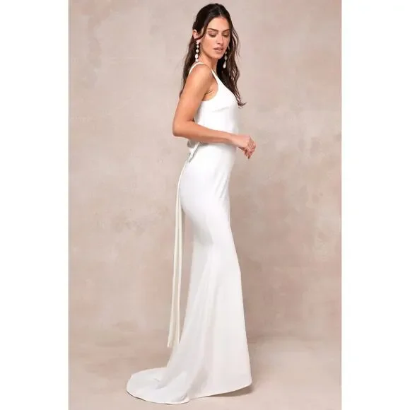NWT Lulus Loving Fate White Bow Square Neck Backless Maxi Dress Wedding Bride M - Picture 5 of 11